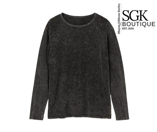 GRAY long-sleeve shirt with cut-out shoulders on a white background, featuring SGK Boutique logo.