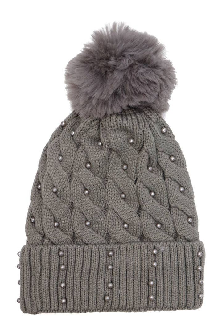 Gray knit beanie with pom-pom on a white background