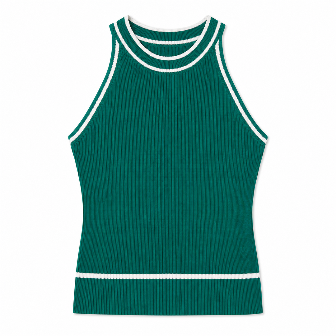 Green tank top with white trim on a white background