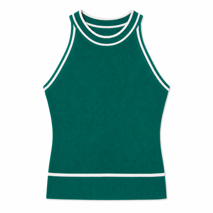Green tank top with white trim on a white background