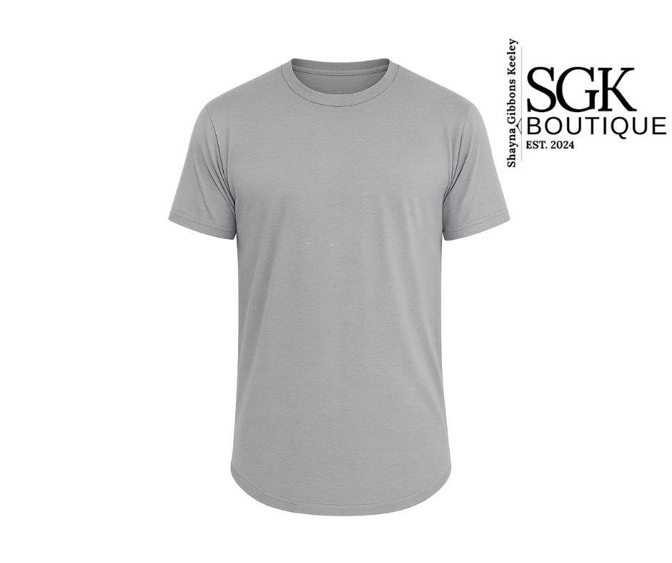 Gray t-shirt on a white background with SGK Boutique branding.