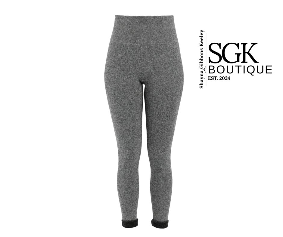 Gray leggings on a white background with SGK Boutique branding.