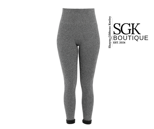 Gray leggings on a white background with SGK Boutique branding.