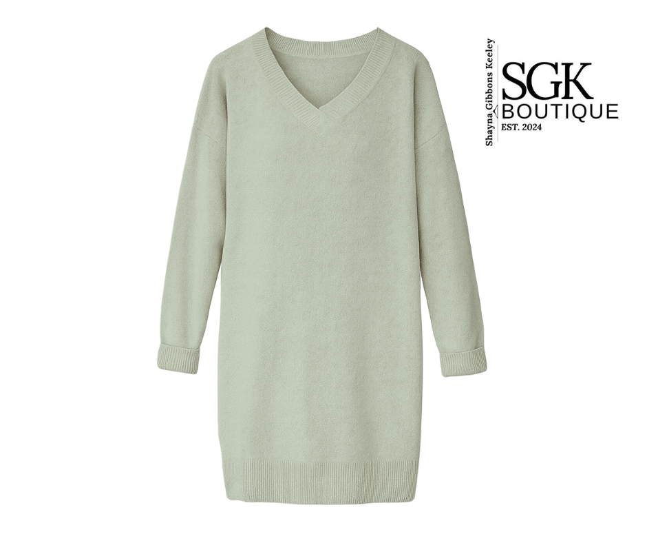 Light gray sweater dress on a white background with SGK Boutique logo.