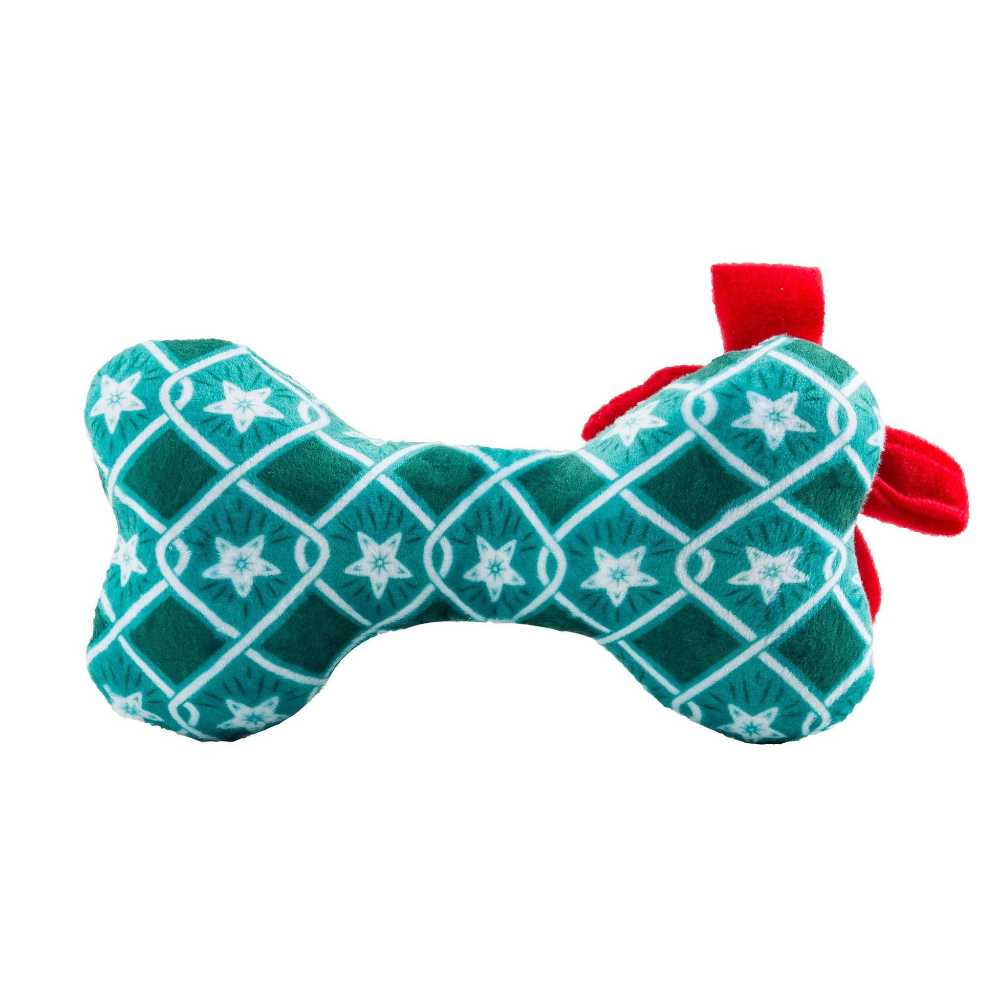 Teal bone-shaped toy with white star patterns and red ends on a white background
