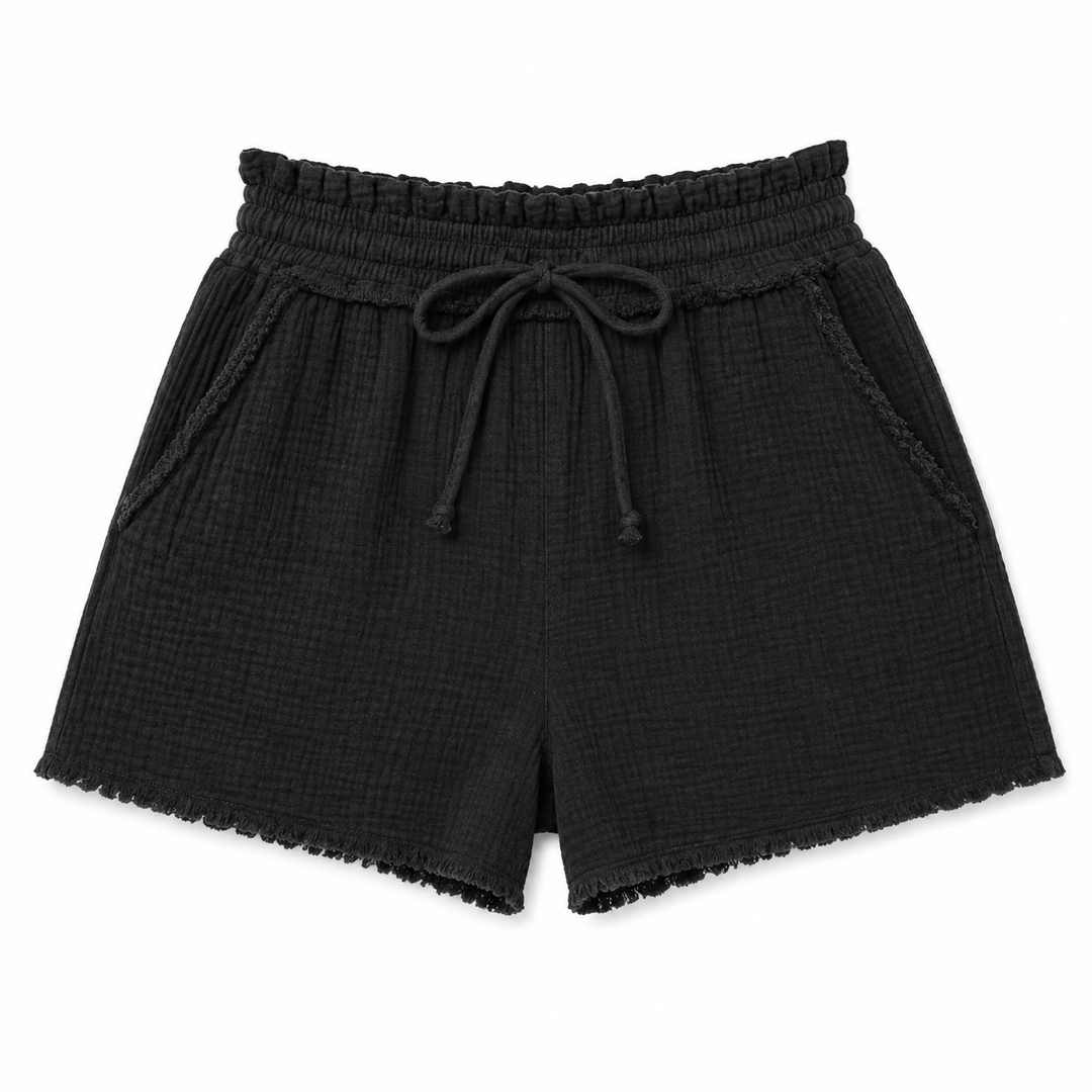 Black shorts with a drawstring on a white background