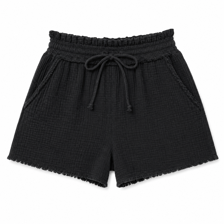 Black shorts with a drawstring on a white background