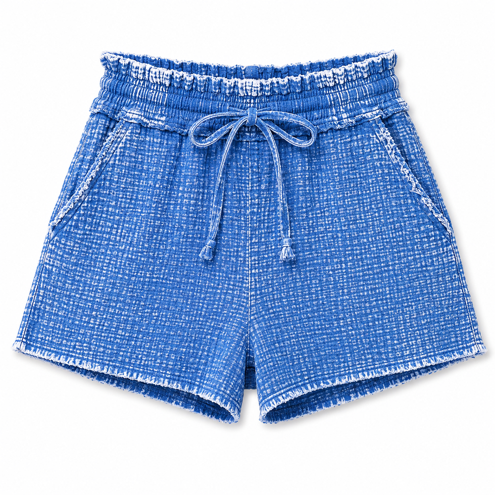 Blue shorts with a drawstring on a white background