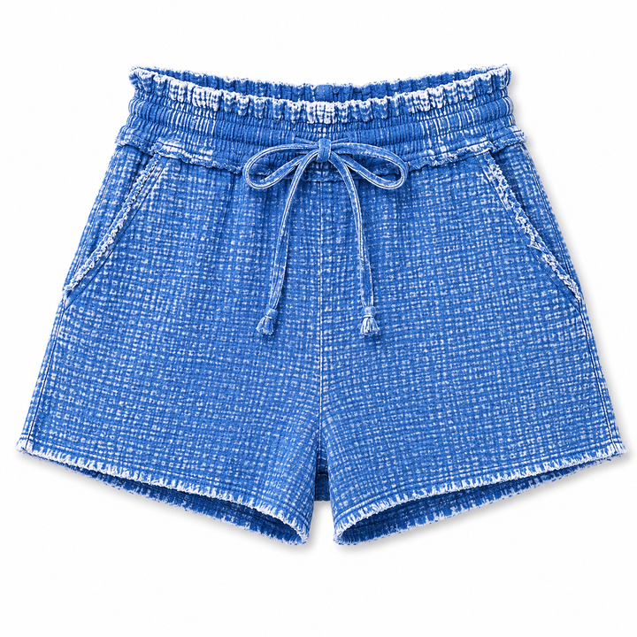 Blue shorts with a drawstring on a white background