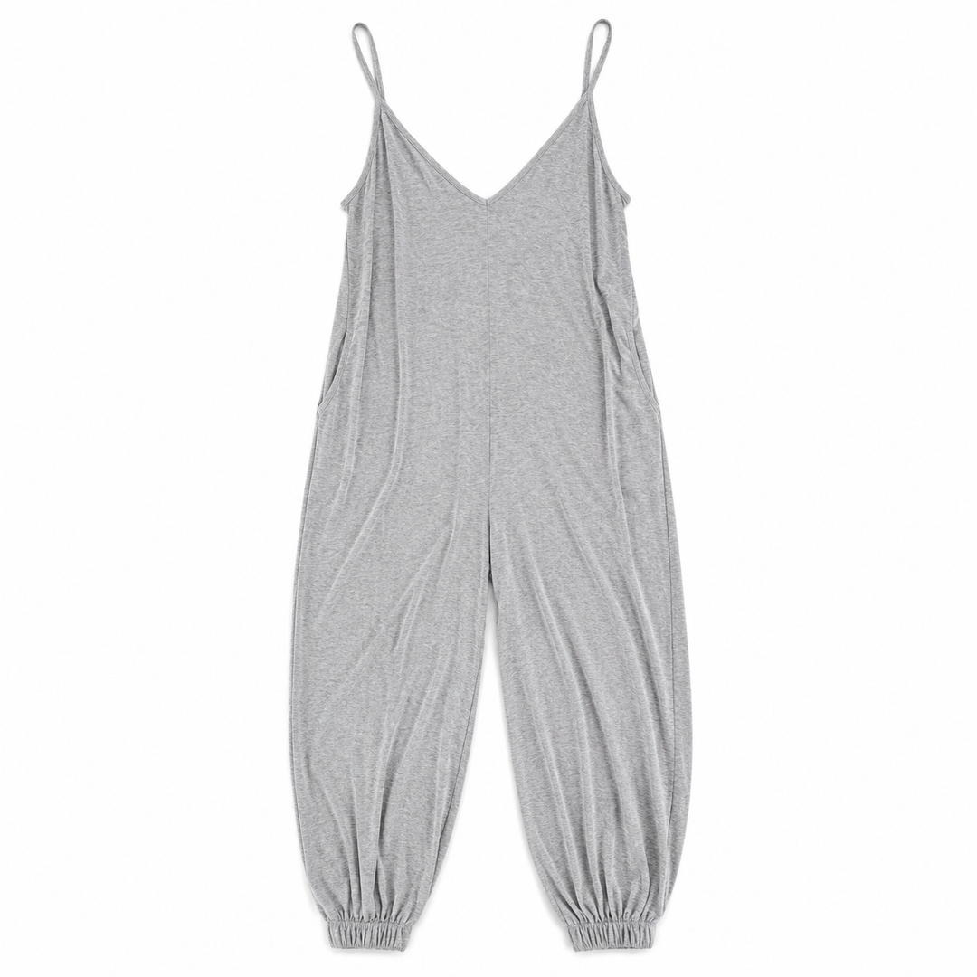 A light gray heathered sleeveless jumpsuit with thin spaghetti straps, a V-neckline, and elasticized ankle cuffs, shown flat on a white background.