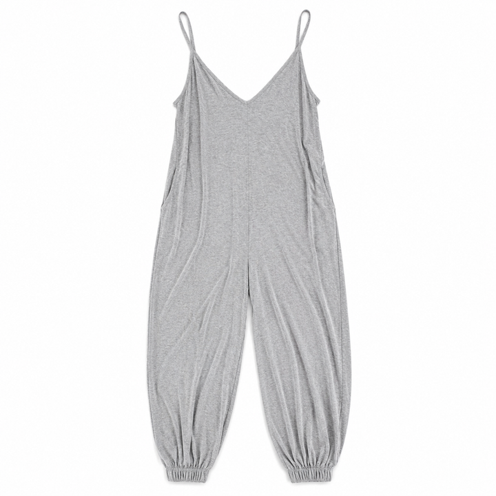 A light gray heathered sleeveless jumpsuit with thin spaghetti straps, a V-neckline, and elasticized ankle cuffs, shown flat on a white background.