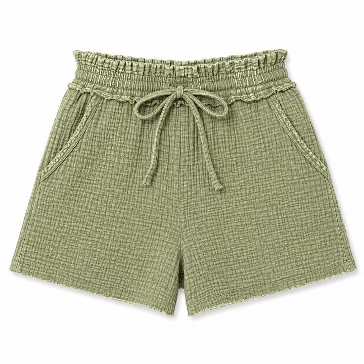 Green checkered shorts with a tie waist on a white background