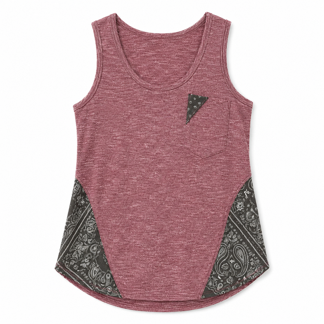 Heather purple tank top with black paisley patterns on a white background