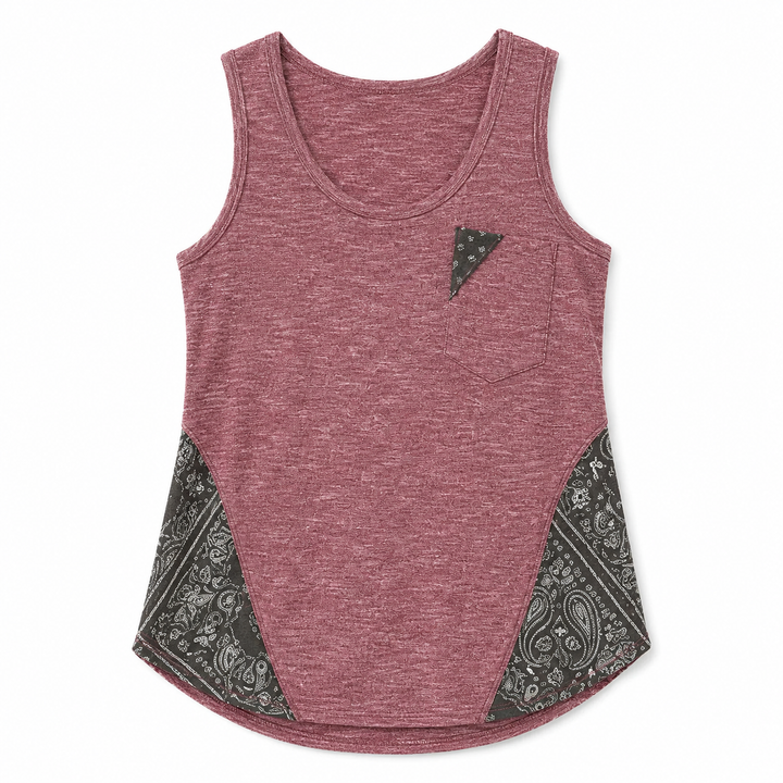 Heather purple tank top with black paisley patterns on a white background