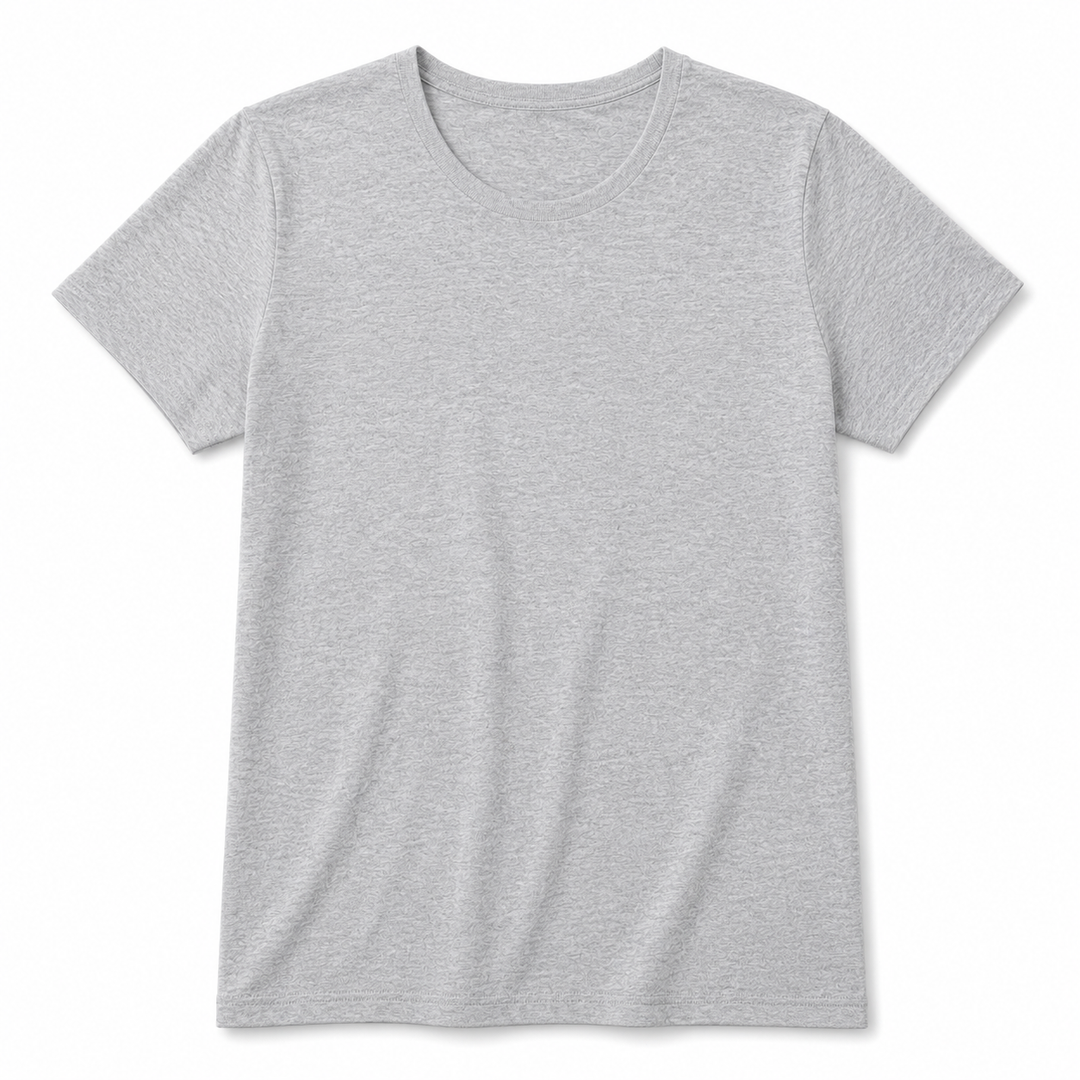 A light heather gray short-sleeve crewneck t-shirt, shown flat against a solid white background.