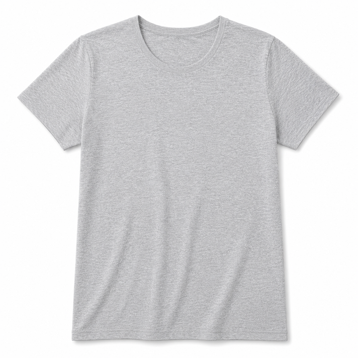 A light heather gray short-sleeve crewneck t-shirt, shown flat against a solid white background.