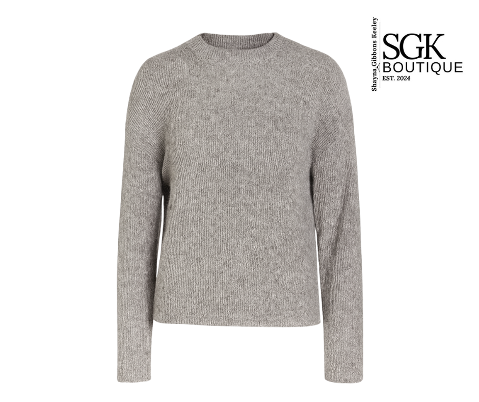 Gray sweater on a white background with SGK Boutique logo.