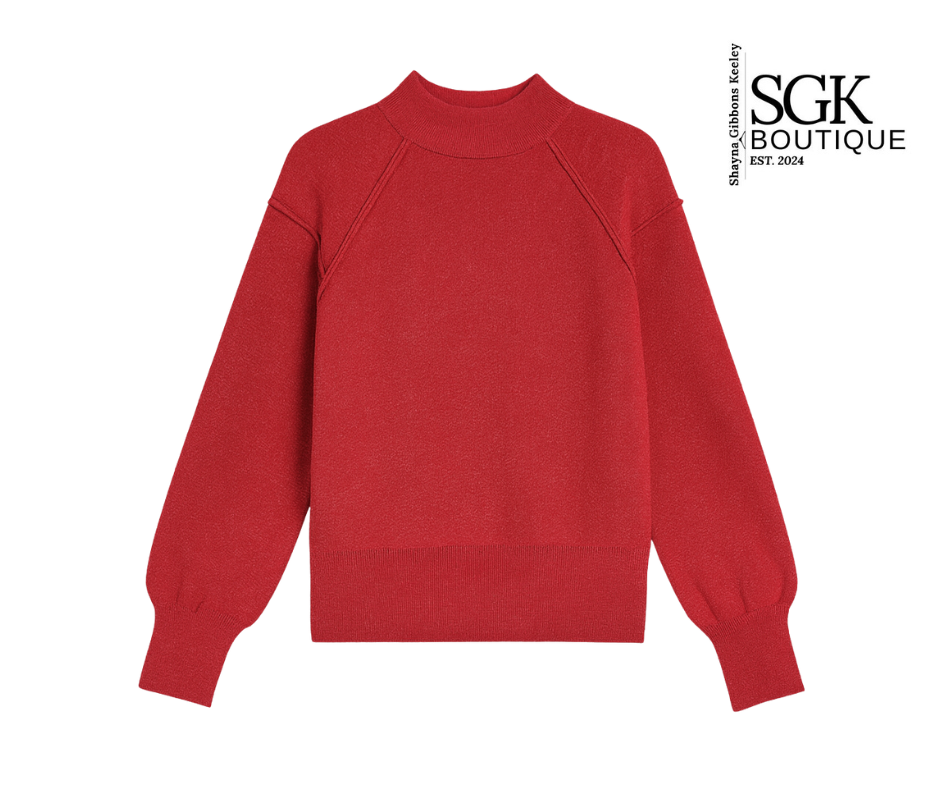 Red sweater on a white background with SGK Boutique logo.