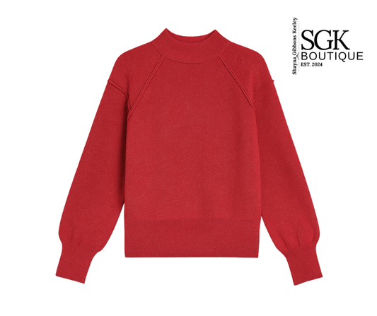 Red sweater on a white background with SGK Boutique logo.