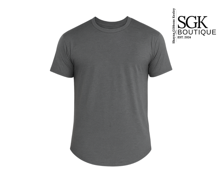 Dark grey t-shirt on a white background with SGK Boutique logo.
