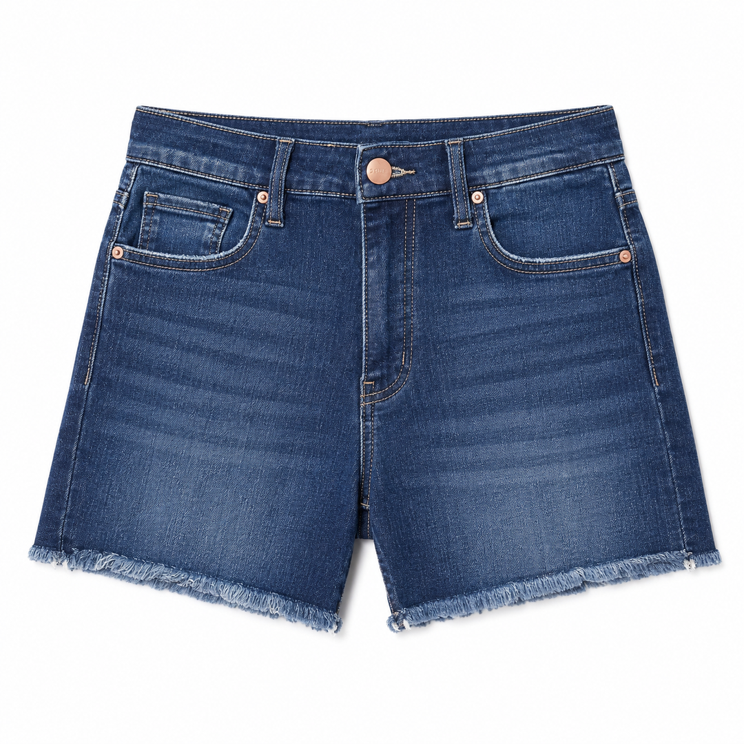 Blue denim shorts with frayed hem on a white background