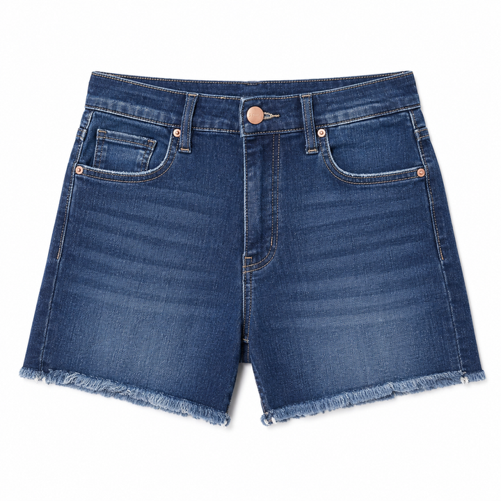Blue denim shorts with frayed hem on a white background