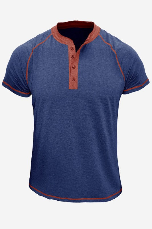 Blue short-sleeve shirt with red accents on a white background