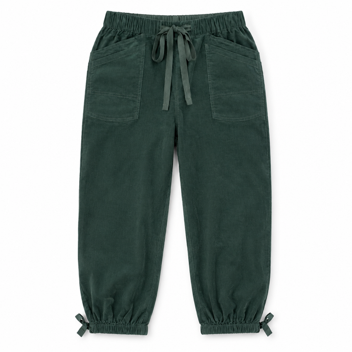 Dark green corduroy pants with an elastic waistband, drawstring, side pockets, and elastic ankle cuffs with tie details, shown flat on a white background.