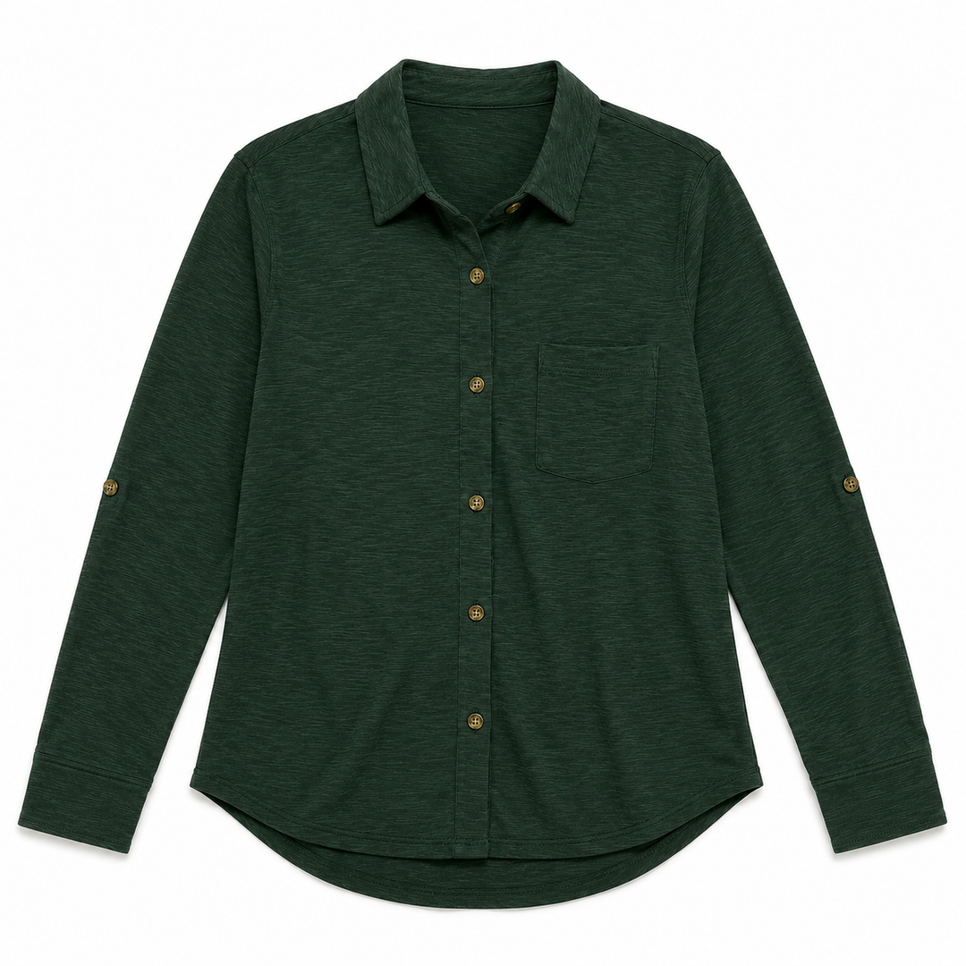 A dark forest green long-sleeve button-up shirt with a collar, a chest pocket, and small gold-toned buttons, shown flat against a white background.