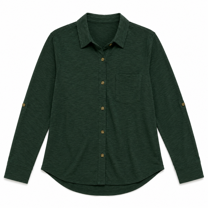 A dark forest green long-sleeve button-up shirt with a collar, a chest pocket, and small gold-toned buttons, shown flat against a white background.