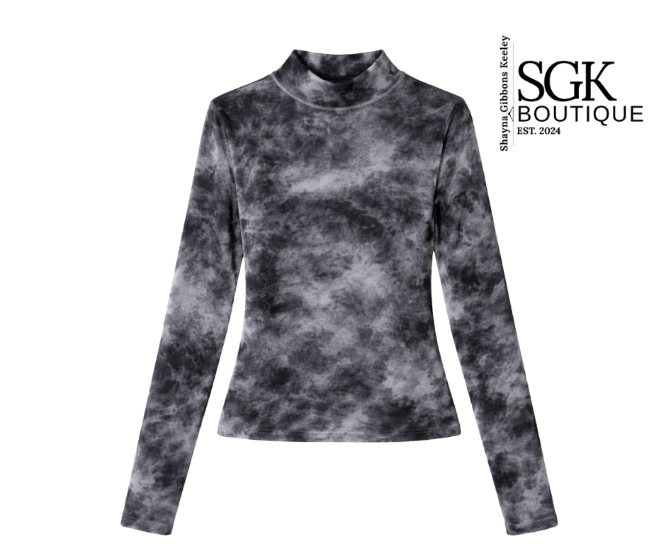 Gray tie-dye long-sleeve top on a white background with SGK Boutique branding.