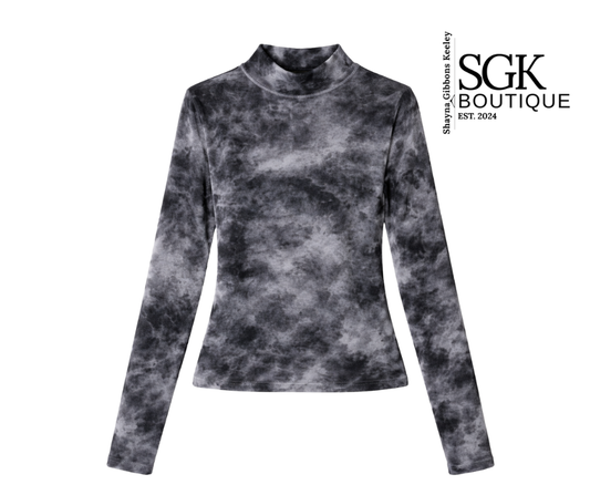 Gray tie-dye long-sleeve top on a white background with SGK Boutique branding.