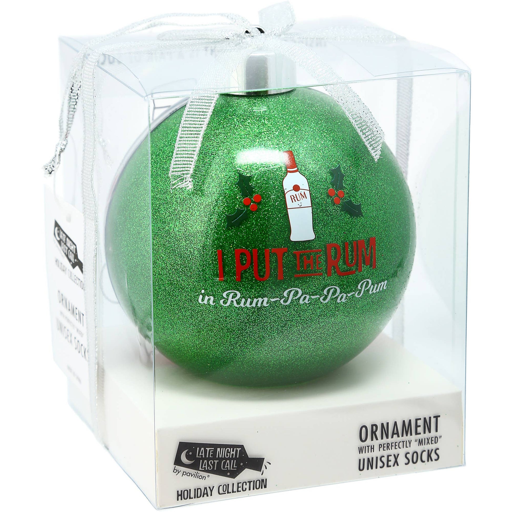 Green Christmas ornament with 'I Put the Rum in Rum-Pa-Pa-Pum' text in a clear packaging box.