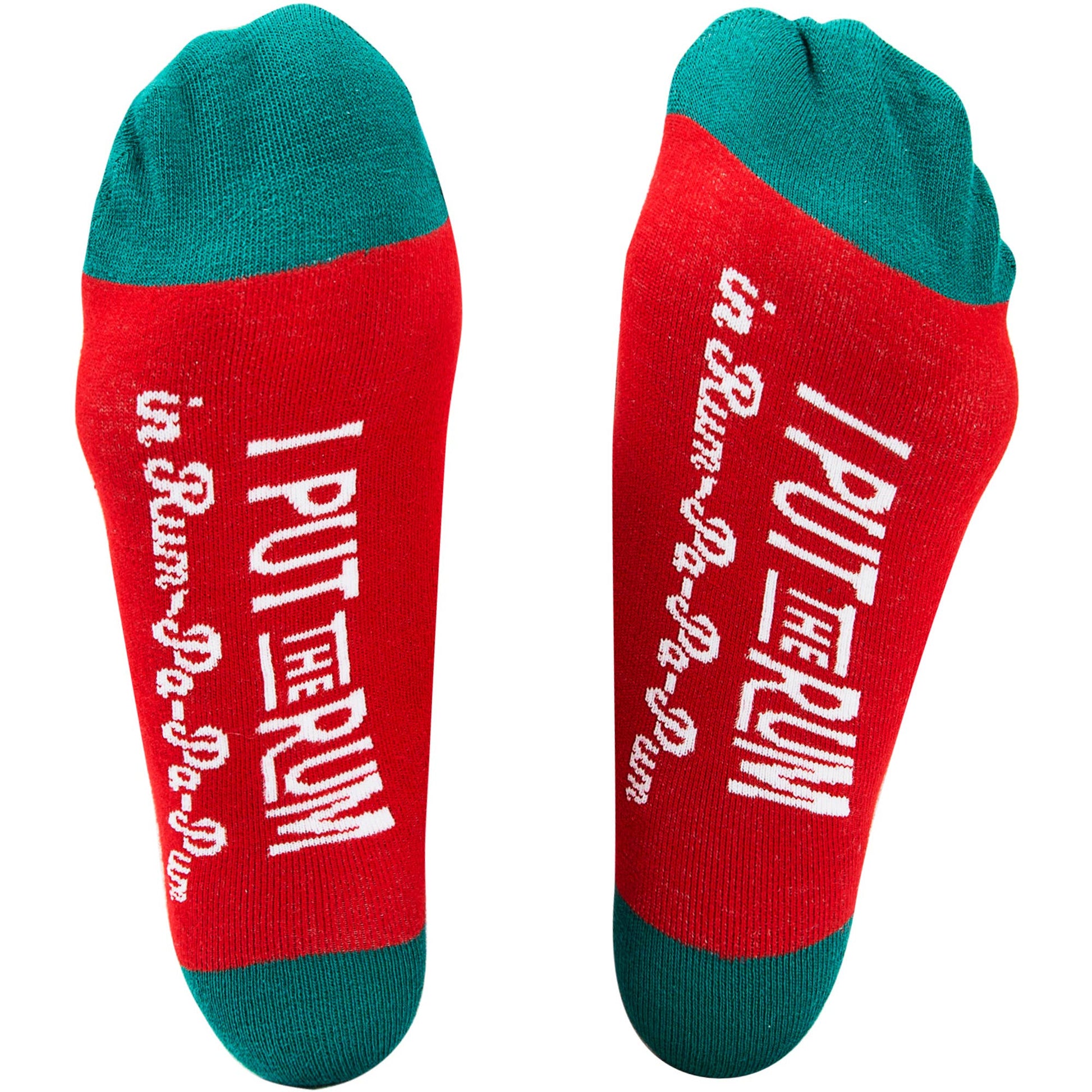 Red socks with green toes and cuffs featuring text on a white background
