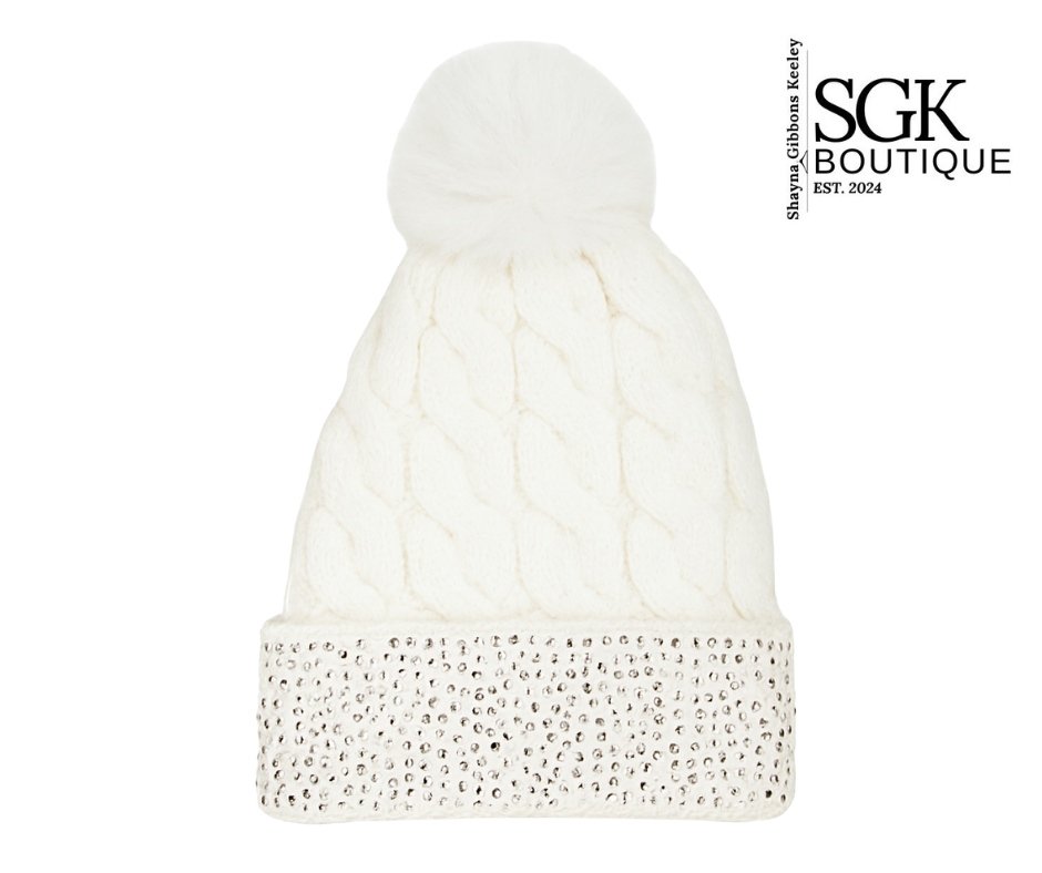 White beanie with crystal embellishments on a white background, featuring SGK Boutique logo.
