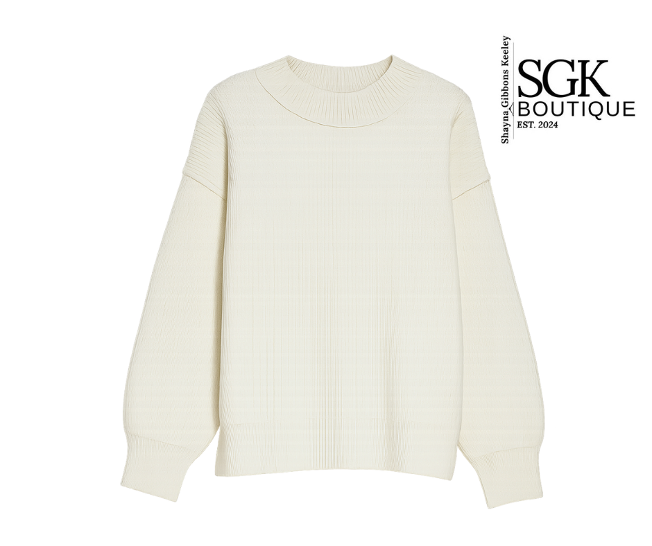 White sweater on a white background with SGK Boutique logo.