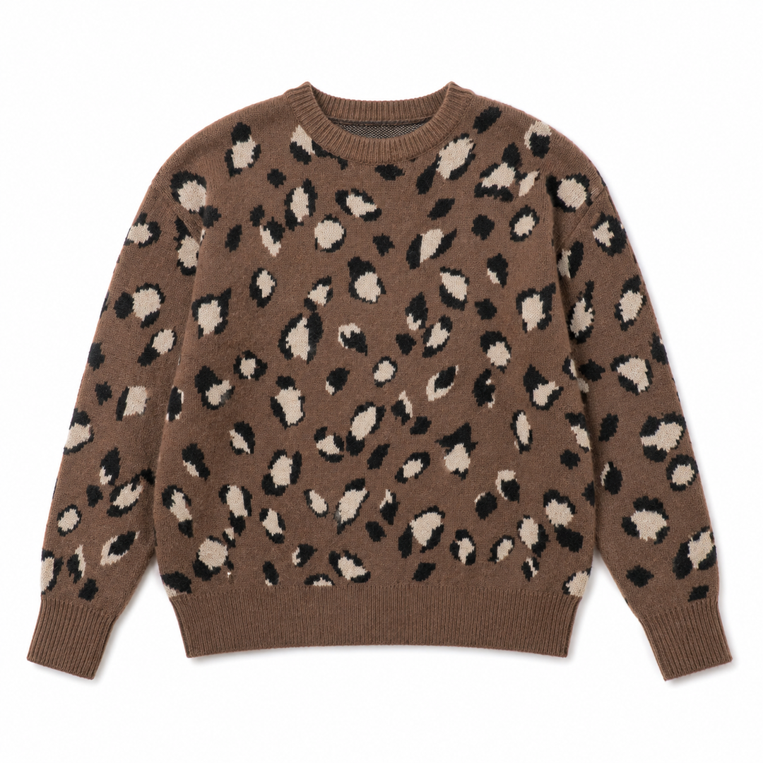 A brown knit crewneck sweater with an all-over leopard print pattern in black and cream, laid flat against a white background.