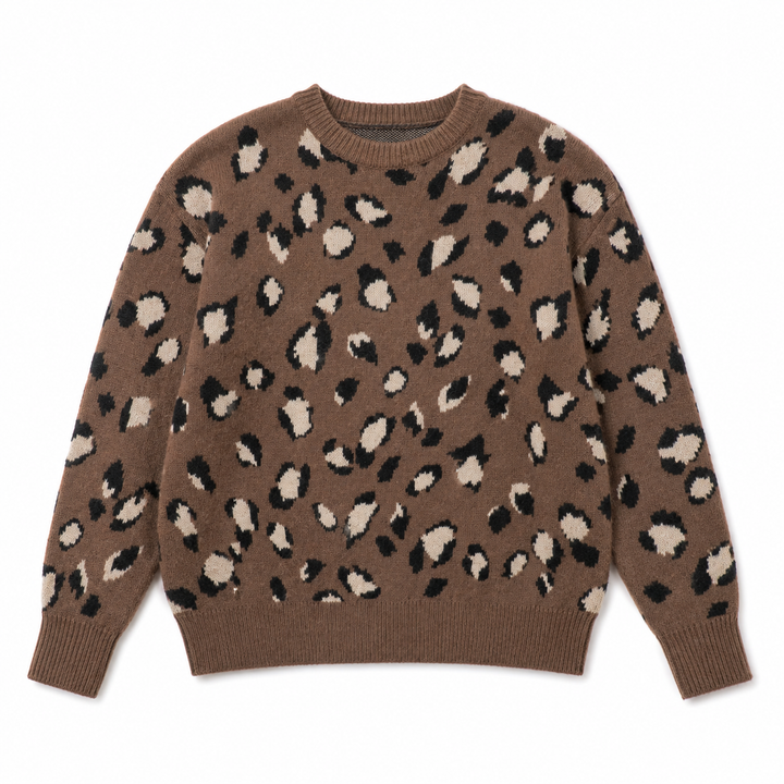 A brown knit crewneck sweater with an all-over leopard print pattern in black and cream, laid flat against a white background.