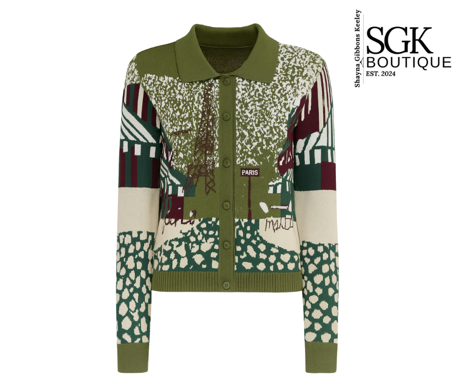 Patterned cardigan with brand logo on a white background