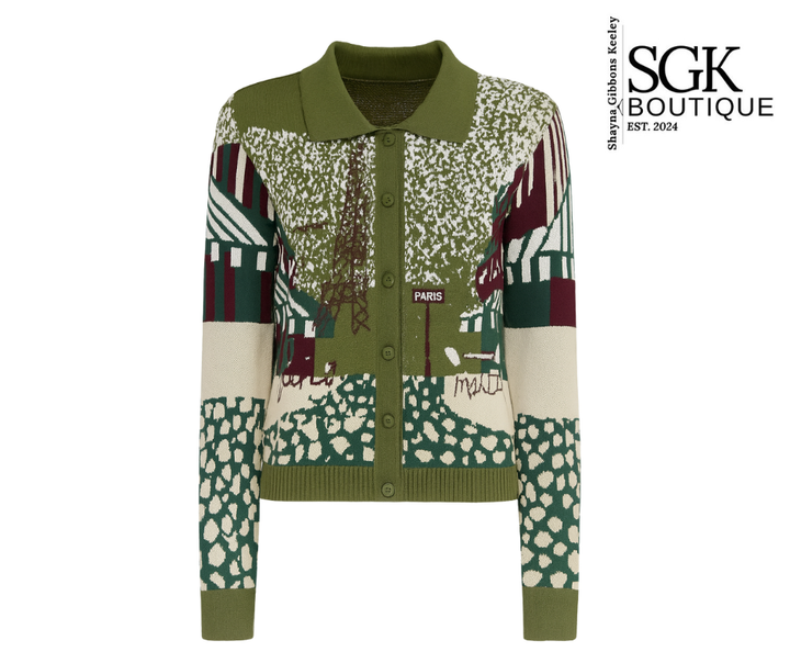 Patterned cardigan with brand logo on a white background