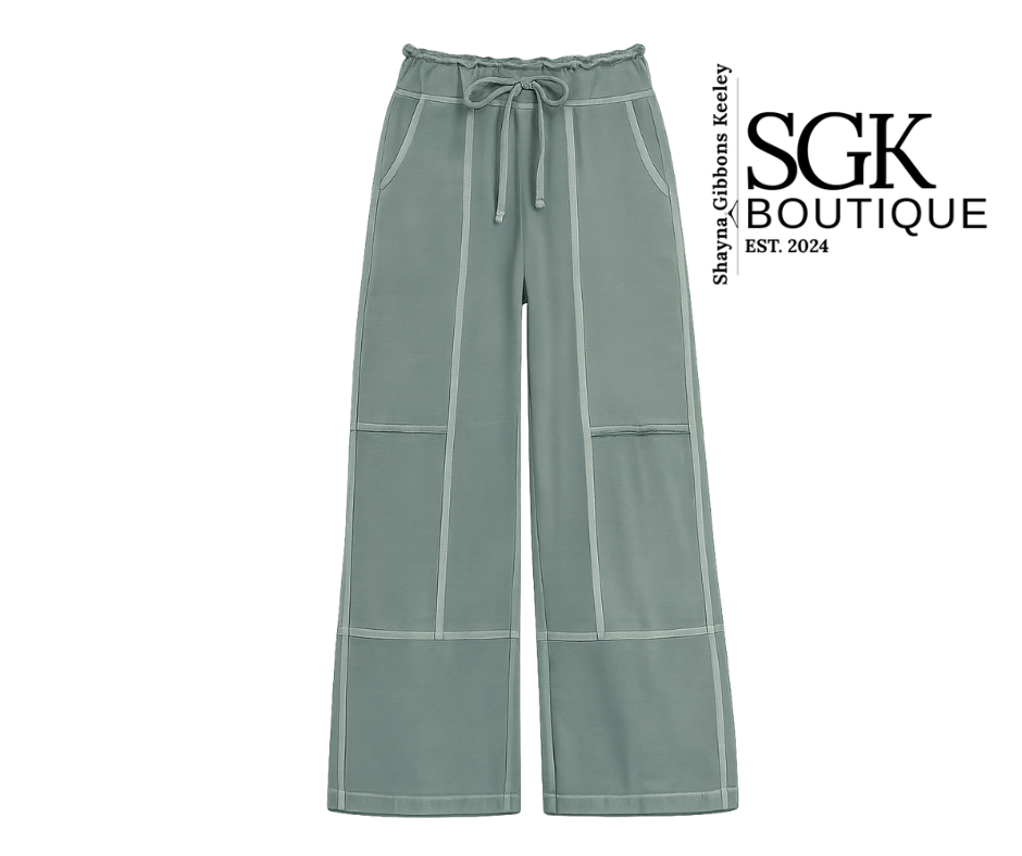 Ash jade wide-leg pants with a drawstring waist on a white background, featuring the SGK Boutique logo.