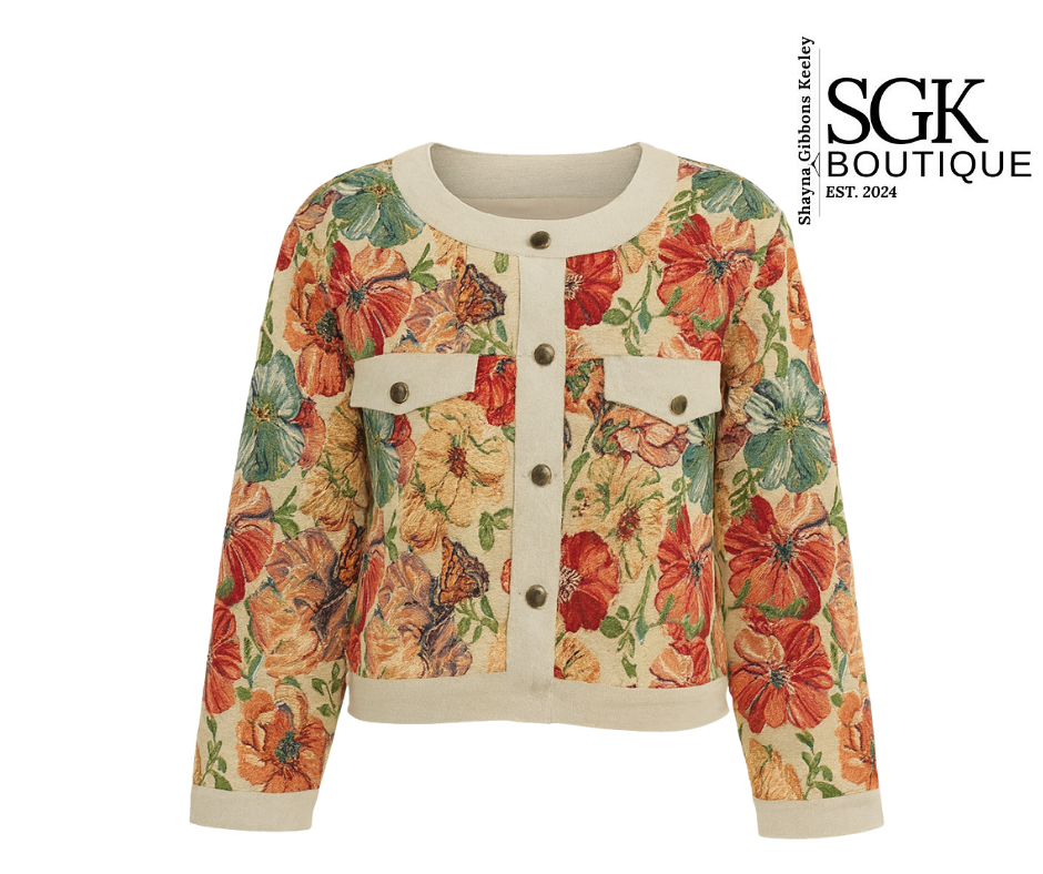 Floral patterned jacket with beige collar and buttons on a white background, featuring SGK Boutique logo.