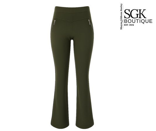 Green pants with zippers on a white background, branded as SGK Boutique.
