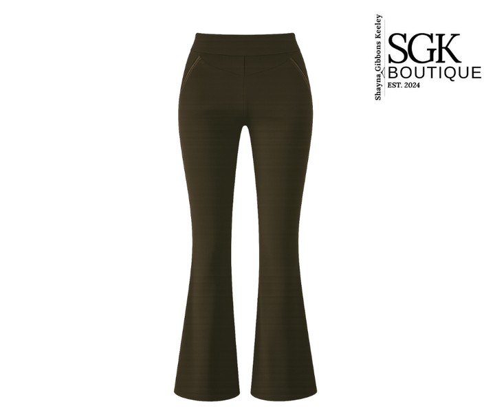 Espresso pants on a white background with SGK Boutique logo.