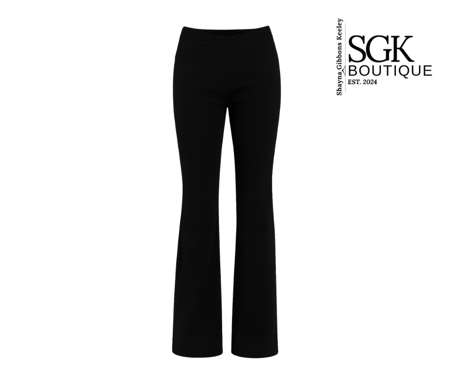 Black pants on a white background with SGK Boutique logo.