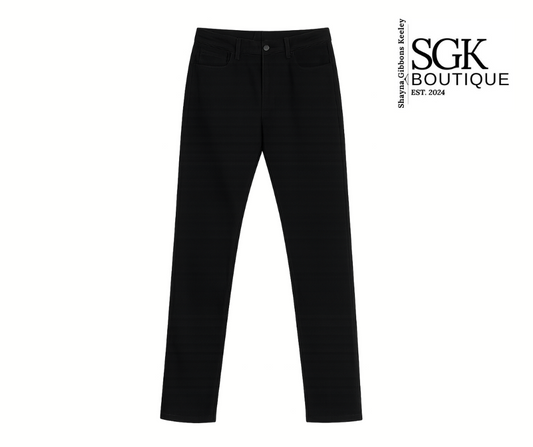 Black pants on a white background with SGK Boutique logo.