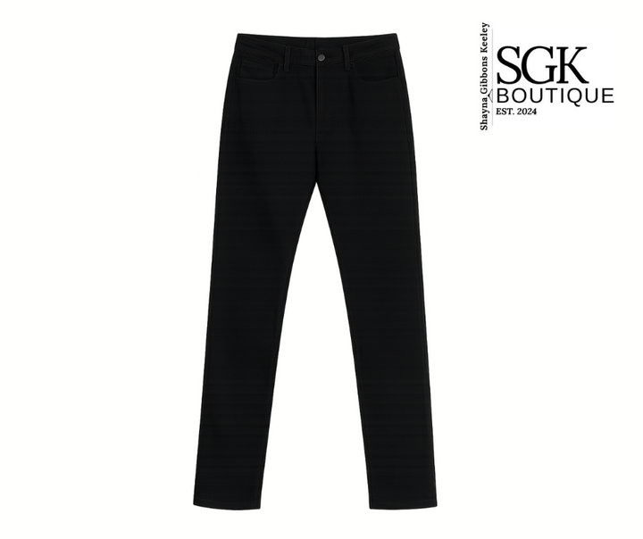 Black pants on a white background with SGK Boutique logo.