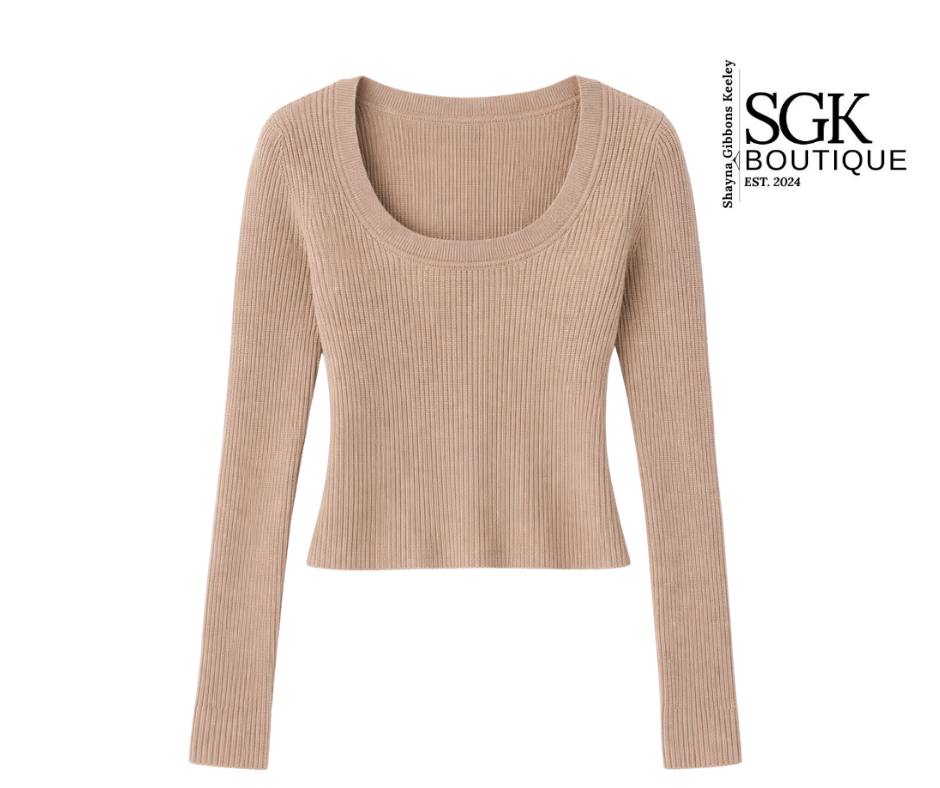 Beige ribbed long-sleeve top on a white background with SGK Boutique logo.