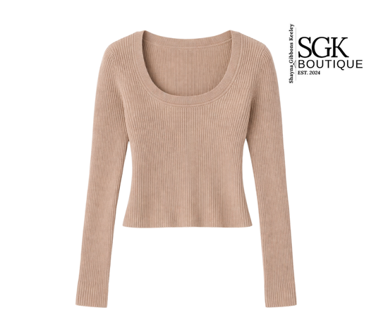 Beige ribbed long-sleeve top on a white background with SGK Boutique logo.