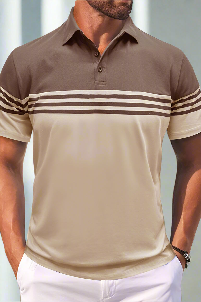 Man wearing a brown and beige striped polo shirt with white pants.
